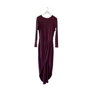 Heather Modal Trendy Burgundy Knit High Low Front Wrap Pleated Crewneck  SZ S